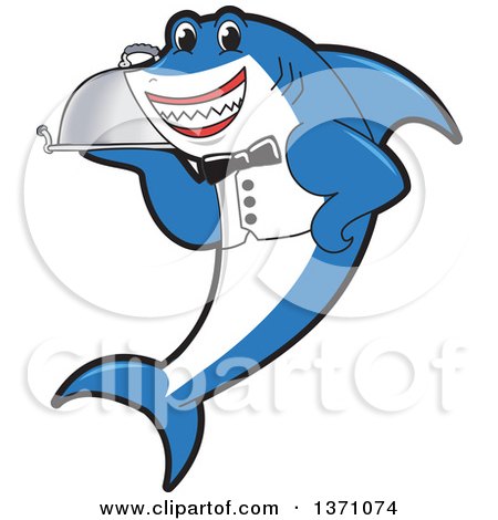 Clipart of a Shark School Mascot Character Waiter Holding a Cloche Platter - Royalty Free Vector Illustration by Mascot Junction