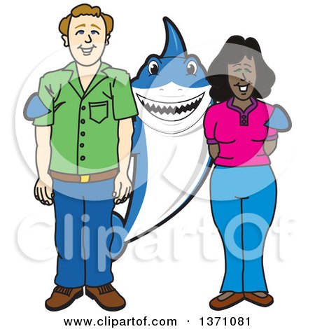 Clipart of a Shark School Mascot Character Standing with Student Parents - Royalty Free Vector Illustration by Mascot Junction