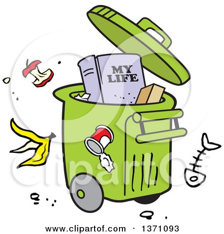 Clipart of a Cartoon Rolling Trash Bin with Waste All Around and a My Life Book - Royalty Free Vector Illustration by Johnny Sajem