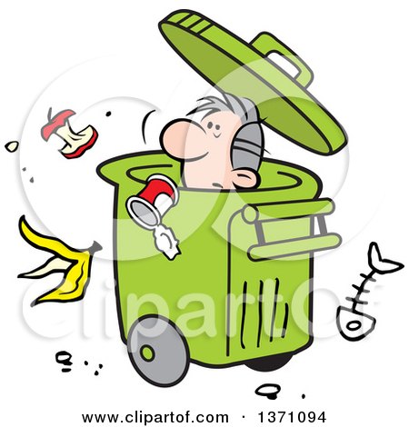 Clipart of a Cartoon Disposable Man in a Rolling Trash Bin with Waste All Around - Royalty Free Vector Illustration by Johnny Sajem