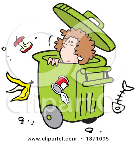 Clipart of a Cartoon Disposable Woman in a Rolling Trash Bin with Waste All Around - Royalty Free Vector Illustration by Johnny Sajem