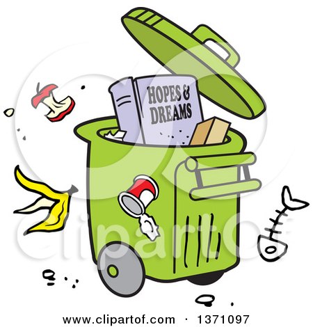Clipart of a Cartoon Hopes and Dreams Book in a Rolling Trash Bin with Waste All Around - Royalty Free Vector Illustration by Johnny Sajem
