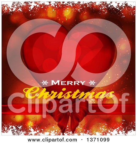 Clipart of a Merry Christmas Greeting over a Red Heart, Flares, Snow and Bow - Royalty Free Vector Illustration by elaineitalia