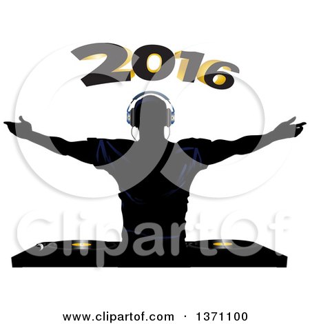 Clipart of a Silhouetted Male DJ Holding His Arms Up, over Record Decks, with New Year 2016 - Royalty Free Vector Illustration by elaineitalia