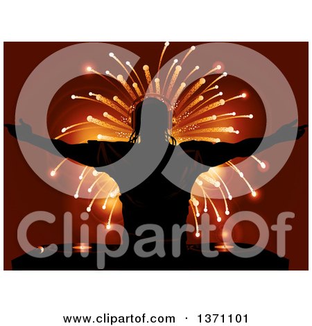 Clipart of a Silhouetted Male DJ Holding His Arms Up, over Record Decks and Fireworks - Royalty Free Vector Illustration by elaineitalia