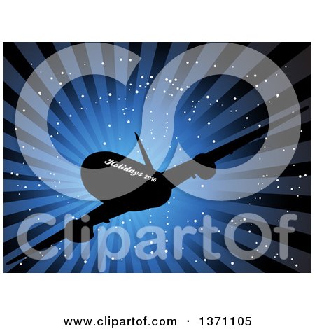 Clipart of a Silhouetted Airplane with Holidays 2016 Text over a Blue Ray Burst - Royalty Free Vector Illustration by elaineitalia