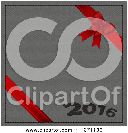Clipart of a Background of 3d Red Ribbons and a Gift Bow over Gray Leather with New Year 2016 Text - Royalty Free Vector Illustration by elaineitalia