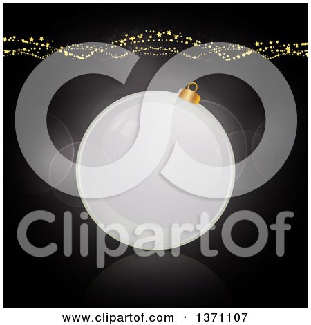 Clipart of a 3d Glass Christmas Bauble Ornament with a Wave of Gold Dots and and Stars over Gray with Flares - Royalty Free Vector Illustration by elaineitalia