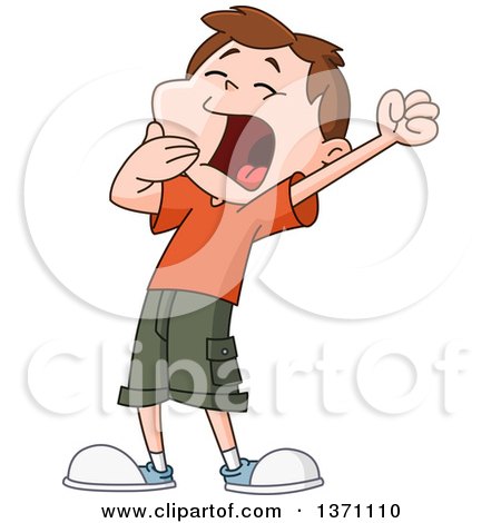 Clipart of a Cartoon Brunette White Boy Stretching and Yawning - Royalty Free Vector Illustration by yayayoyo