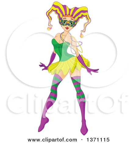 Clipart of a Sexy Pinup Mardi Gras Jester Girl Dancing - Royalty Free Vector Illustration by Pushkin