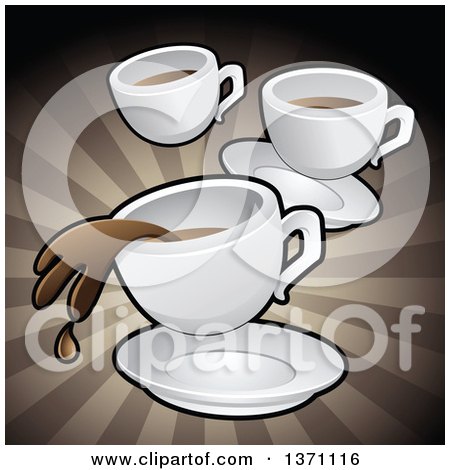 Clipart of a Background of Coffee Cups over Brown Rays - Royalty Free Vector Illustration by cidepix