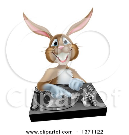 Clipart of a Happy Brown Bunny Rabbit Dj over a Turntable - Royalty Free Vector Illustration by AtStockIllustration