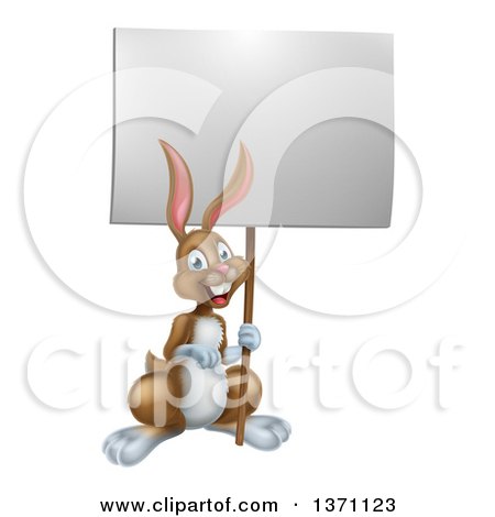 Clipart of a Happy Brown Bunny Rabbit Holding a Blank Sign - Royalty Free Vector Illustration by AtStockIllustration