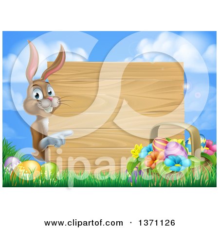 Clipart of a Brown Easter Bunny Rabbit with Eggs and a Basket, Pointing Around a Blank Wood Sign Against Sky - Royalty Free Vector Illustration by AtStockIllustration
