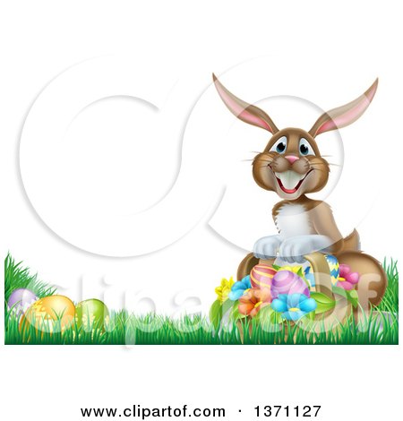 Clipart of a Brown Bunny Rabbit with a Basket and Easter Eggs in Grass, with Text Space - Royalty Free Vector Illustration by AtStockIllustration