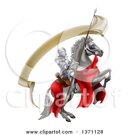 Clipart of a 3d Fully Armored Medieval Knight on a Rearing White Horse, Holding a Spear Flag - Royalty Free Vector Illustration by AtStockIllustration