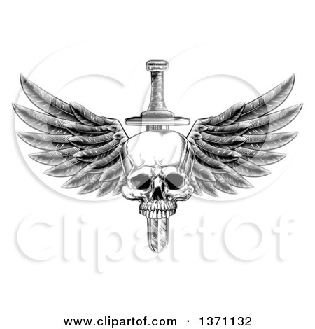 Clipart of a Black and White Vintage Engraved or Woodcut Dagger Through a Winged Skull - Royalty Free Vector Illustration by AtStockIllustration