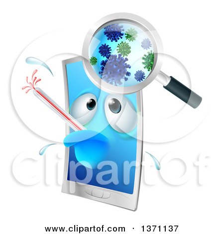 Clipart of a Sick Smart Phone Character with a Virus - Royalty Free Vector Illustration by AtStockIllustration