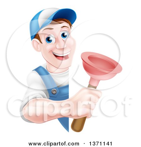 Clipart of a Middle Aged Brunette White Male Plumber Wearing a Baseball Cap, Holding a Plunger Around a Sign - Royalty Free Vector Illustration by AtStockIllustration