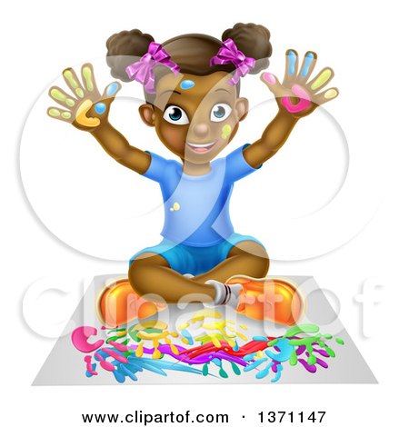 Clipart of a Cartoon Happy Black Girl Sitting on the Floor and Painting with Her Hands - Royalty Free Vector Illustration by AtStockIllustration