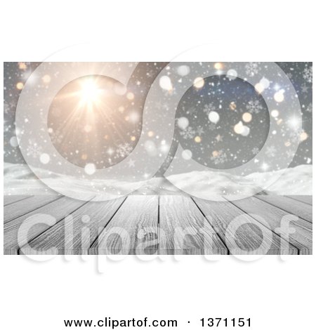 Clipart of a 3d Wood Table or Deck with Sunshine and a Snowy Background - Royalty Free Illustration by KJ Pargeter