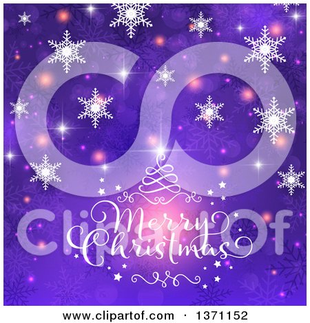 Clipart of a Merry Christmas Greeting over Purple with Snowflakes, Bokeh, Stars and Swirls - Royalty Free Vector Illustration by KJ Pargeter