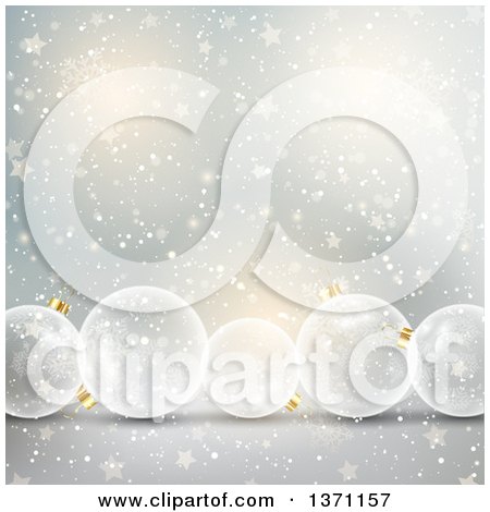 Clipart of a Christmas Background with 3d Transparent Glass Snowflake Bauble Ornaments over Gray with Stars and Snow - Royalty Free Vector Illustration by KJ Pargeter