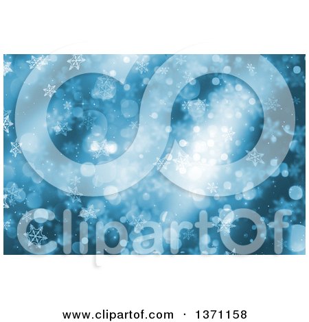 Clipart of a Christmas Background of Snowflakes and Bokeh Flares on Blue - Royalty Free Illustration by KJ Pargeter