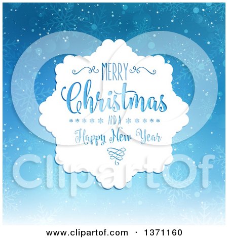 Clipart of a Merry Christmas and a Happy New Year Greeting over Blue with Snowflakes - Royalty Free Vector Illustration by KJ Pargeter