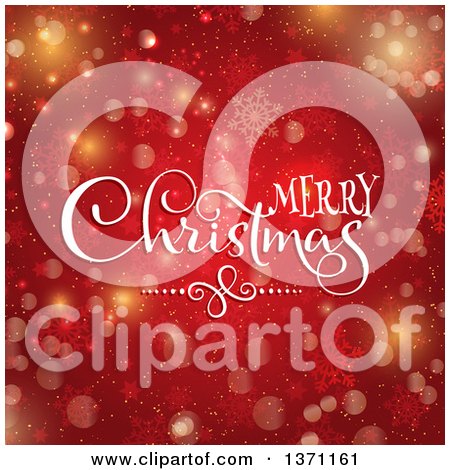 Clipart of a Merry Christmas Greeting over Red with Stars, Bokeh and Snowflakes - Royalty Free Vector Illustration by KJ Pargeter
