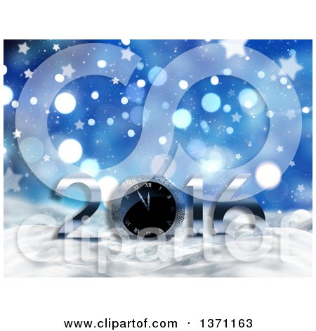 Clipart of a 3d Clock and New Year 2016 in Snow, over Blue Bokeh and Stars - Royalty Free Illustration by KJ Pargeter