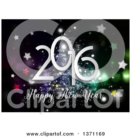 Clipart of a Happy New Year 2016 Greeting over Black with Colorful Flares and Stars - Royalty Free Illustration by KJ Pargeter