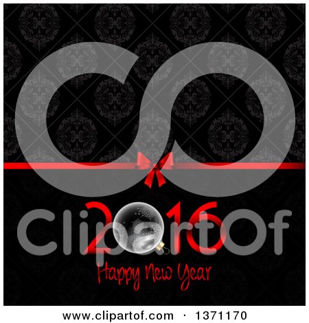 Clipart of a Happy New Year 2016 Greeting with a Bauble and Gift Bow over Dark Damask - Royalty Free Vector Illustration by KJ Pargeter