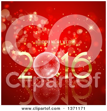 Clipart of a Happy New Year 2016 Greeting with a 3d Bauble over Red with Stars and Bokeh - Royalty Free Vector Illustration by KJ Pargeter