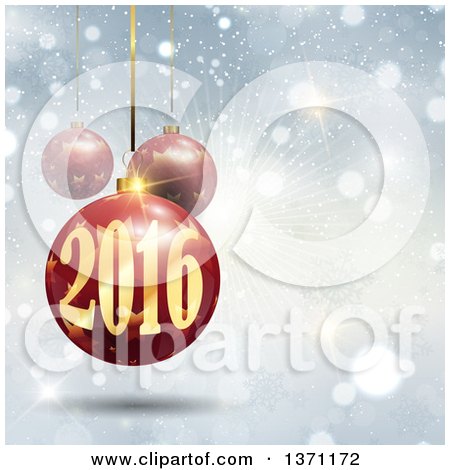 Clipart of a New Year 2016 Bauble over Blue Rays and Flares with Snowflakes - Royalty Free Vector Illustration by KJ Pargeter