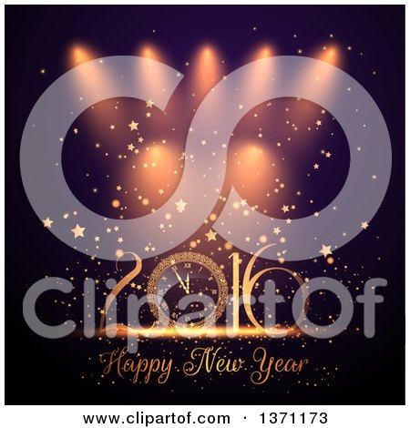 Clipart of a Happy New Year 2016 Greeting with a Clock, Stars and Lights - Royalty Free Vector Illustration by KJ Pargeter