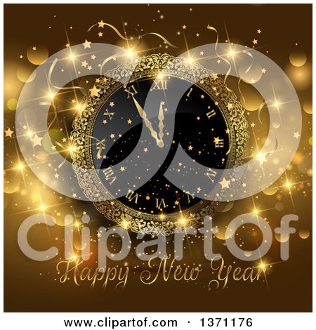 Clipart of a Happy New Year Greeting with a Clock, Stars and Flares on Gold - Royalty Free Vector Illustration by KJ Pargeter