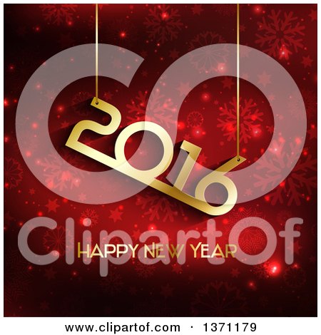 Clipart of a Gold Happy New Year 2016 Greeting over Red Stars and Snowflakes - Royalty Free Vector Illustration by KJ Pargeter