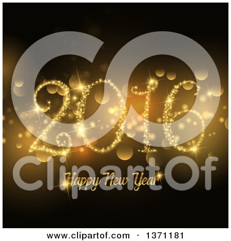 Clipart of a Happy New Year 2016 Greeting in Gold with Flares on Black - Royalty Free Vector Illustration by KJ Pargeter