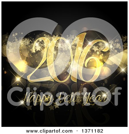 Clipart of a Happy New Year 2016 Greeting in Gold with Flares and Stars on Black - Royalty Free Vector Illustration by KJ Pargeter