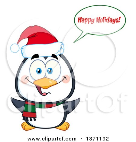 Clipart of a Happy Christmas Penguin Saying Happy Holidays and Wearing a Santa Hat - Royalty Free Vector Illustration by Hit Toon