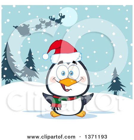 Clipart of a Happy Christmas Penguin Sitting in the Snow Under Santas Sleigh - Royalty Free Vector Illustration by Hit Toon