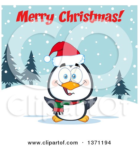 Clipart of a Happy Christmas Penguin Sitting in the Snow Under Merry Christmas Text - Royalty Free Vector Illustration by Hit Toon