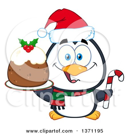 Clipart of a Christmas Penguin Holding a Plum Pudding Dessert and Candy Cane - Royalty Free Vector Illustration by Hit Toon