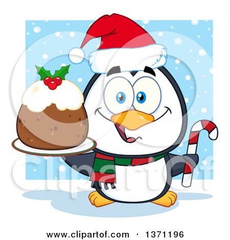 Clipart of a Christmas Penguin Holding a Plum Pudding Dessert and Candy Cane in the Snow - Royalty Free Vector Illustration by Hit Toon