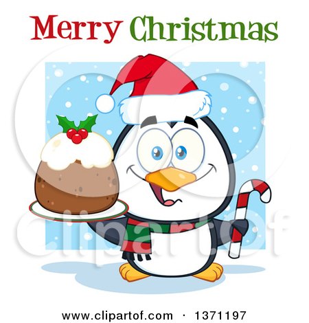 Clipart of a Penguin Holding a Plum Pudding Dessert and Candy Cane Under Merry Christmas Text - Royalty Free Vector Illustration by Hit Toon