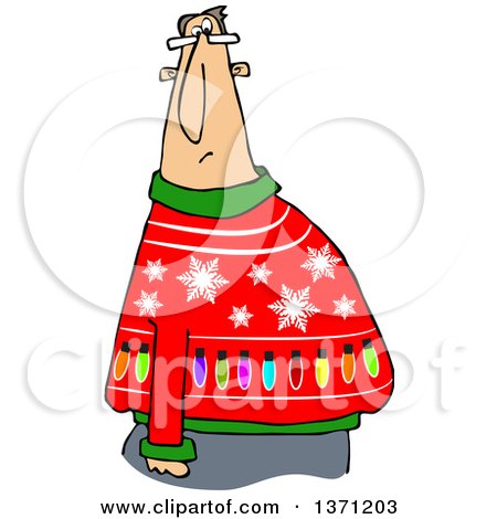 Clipart of a Cartoon Chubby White Man Wearing a Snowflake and Lights Ugly Christmas Sweater - Royalty Free Vector Illustration by djart
