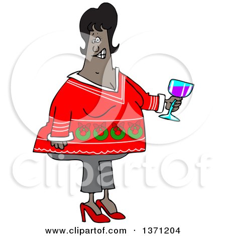 Clipart of a Cartoon Chubby Black Woman Holding a Glass of Wine and Wearing an Ugly Christmas Sweater at a Party - Royalty Free Vector Illustration by djart