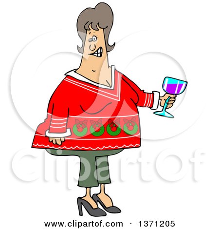 Clipart of a Cartoon Chubby White Woman Holding a Glass of Wine and Wearing an Ugly Christmas Sweater at a Party - Royalty Free Vector Illustration by djart