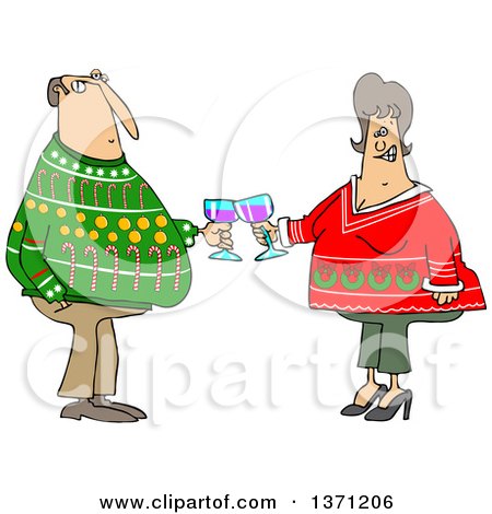 Clipart of a Cartoon Chubby White Couple Holding Glasses of Wine and Wearing Ugly Christmas Sweaters at a Party - Royalty Free Vector Illustration by djart